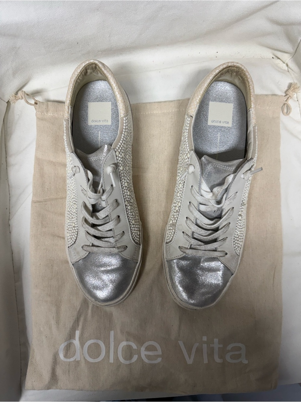 Dolce Vita Metallic Silver & Cream Low-Top Lace-Up Sneakers